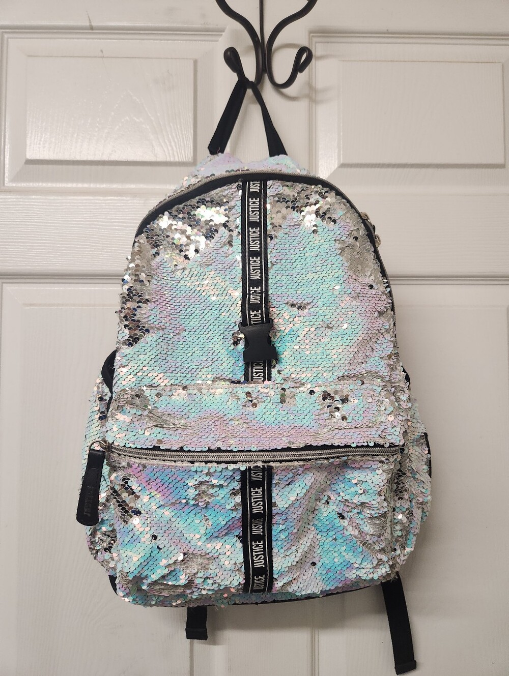 Justice Iridescent Sequin Tote Bag with Black Straps - Pastel Hues